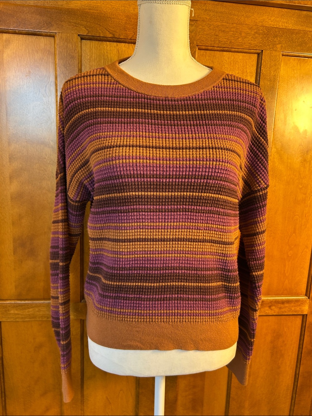 REI Co-op Women's Multi-Color Waffle-Knit Striped Crew Sweater Sz S Granola Girl